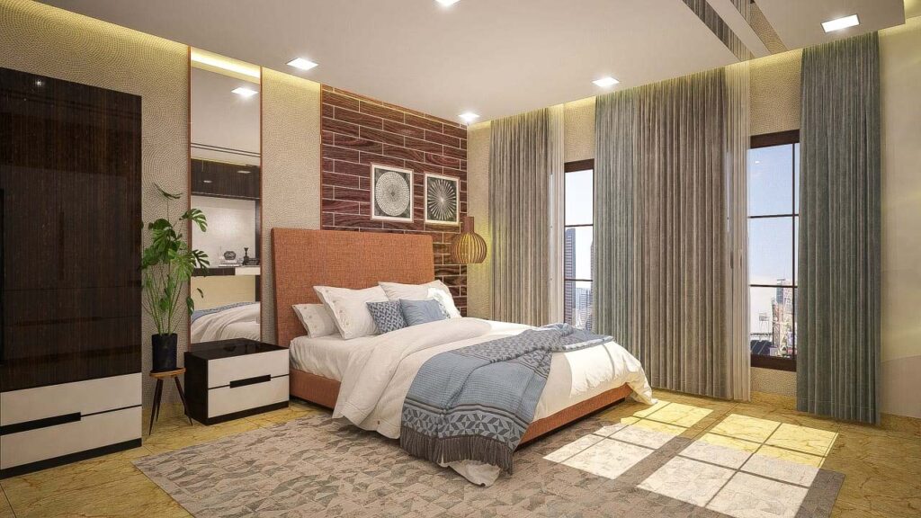 Bed with brick design wall